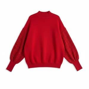 Nanette Lepore Women’s Red Sequin Balloon Sleeve Sweater L Mock Neck Festive